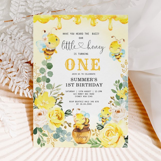 Invitation Little Honey Bee Jaune Floral 1er anniversaire (Créateur téléchargé)