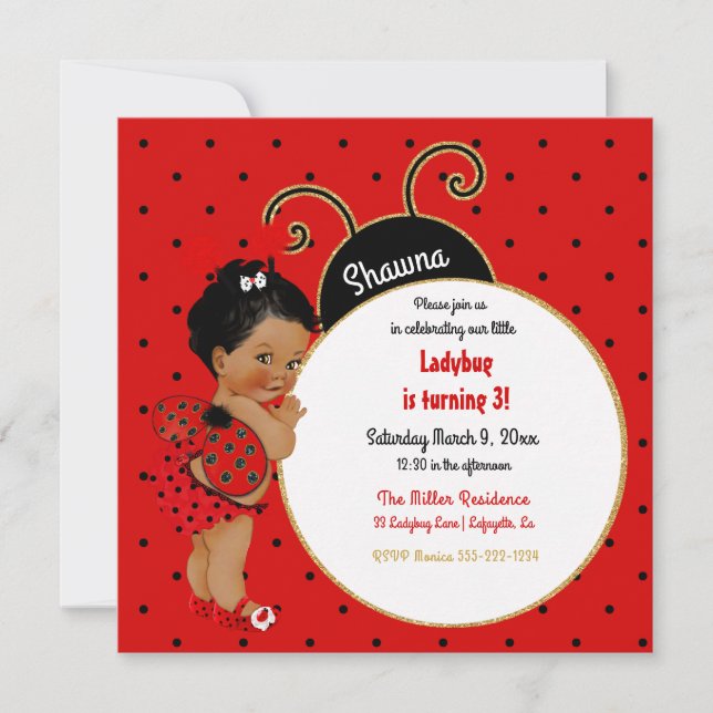 Invitation Little Ladybug Africaine Américaine Fille Rouge No (Devant)