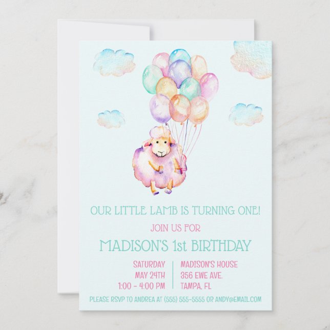 Invitation Little Lamb Premier anniversaire (Devant)