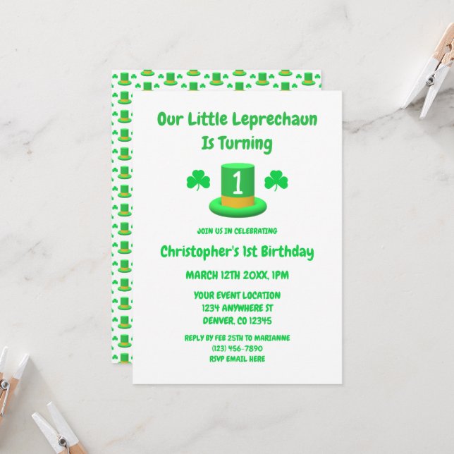 Invitation Little Leprechaun 1er anniversaire (Devant/Arrière en situation)