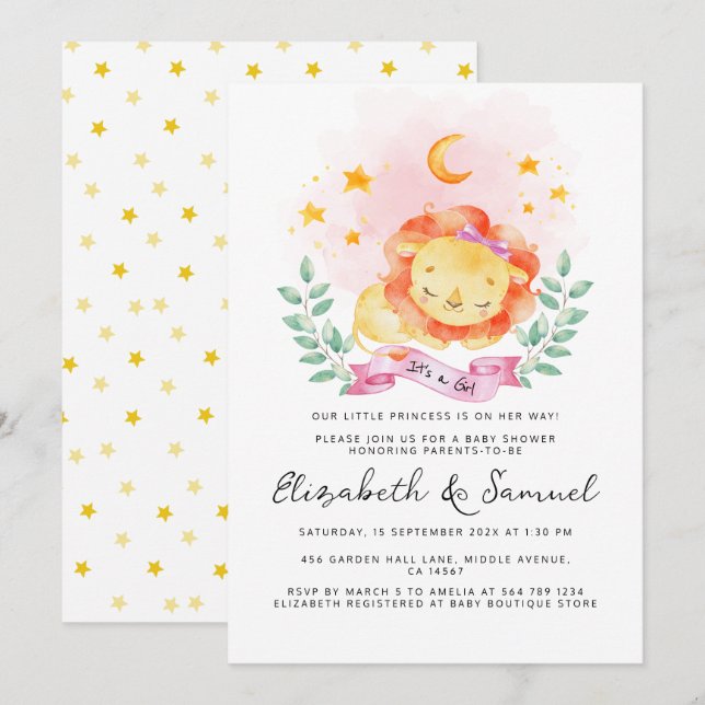 Invitation Little Lion C'est une fille Aquarelle Baby shower  (Devant / Derrière)