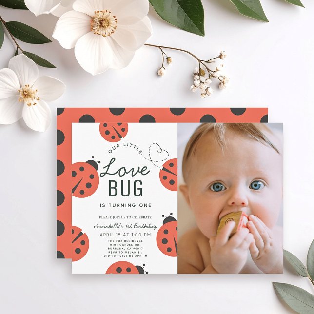 Invitation Little Love Bug Ladybug Girl 1er Anniversaire Phot (Créateur téléchargé)