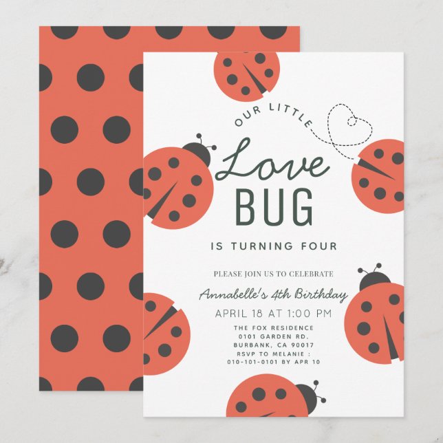 Invitation Little Love Bug Ladybug Girl Birthday (Devant / Derrière)