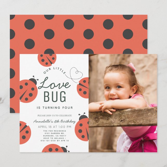 Invitation Little Love Bug Ladybug Girl Birthday Photo (Devant / Derrière)