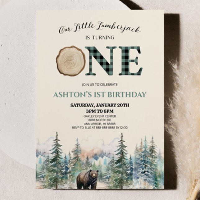 Invitation Little Lumberjack Bear Green 1er anniversaire fête (Créateur téléchargé)