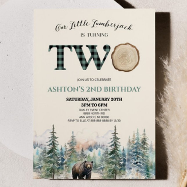 Invitation Little Lumberjack Bear Green 2e fête d'anniversair (Créateur téléchargé)