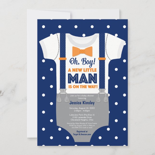 Invitation Little Man Baby shower, Navy Blue et Orange (Devant)