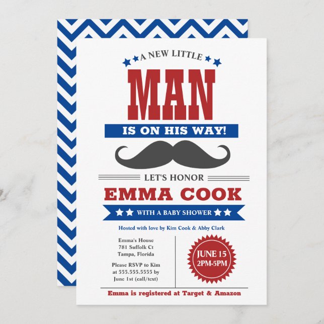 Invitation Little Man Mustache Bash Boy Baby shower rouge ble (Devant / Derrière)