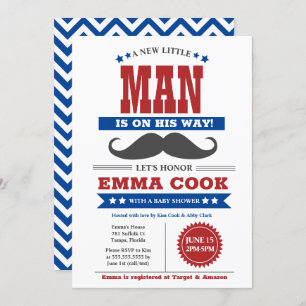 Invitation Little Man Mustache Bash Boy Baby shower rouge ble