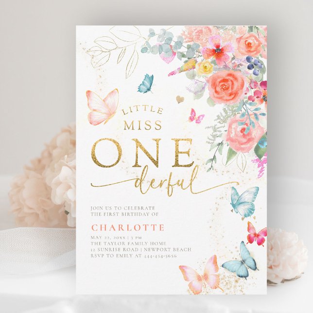 Invitation Little Miss Butterfly Girl 1er anniversaire (little miss onederful girls 1st birthday invite pink garden floral  butterflies watercolor elegant)