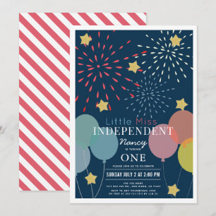 Invitation Little Miss Independent Fireworks Balloon Annivers