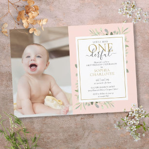 Invitation Little Miss ONE derful Rose Girl 1er anniversaire 
