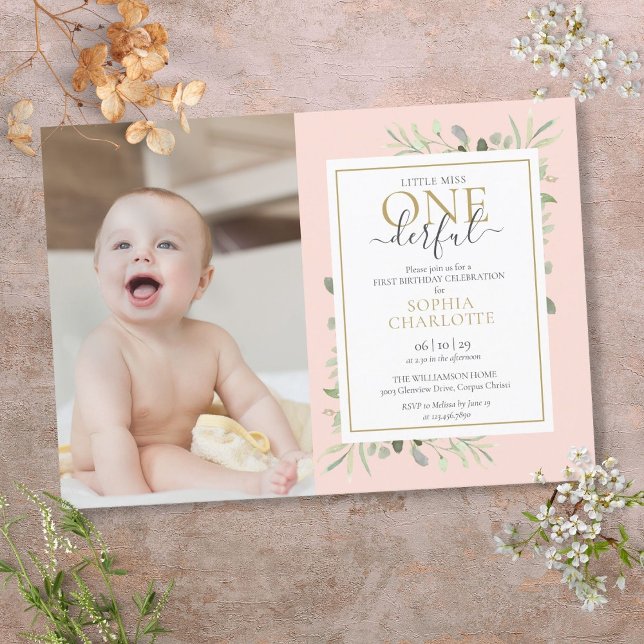 Invitation Little Miss ONE derful Rose Girl 1er anniversaire  (Little Miss ONEderful Pink Girl 1st Birthday Photo Invitation)
