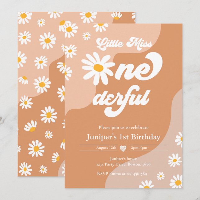 Invitation Little Miss ONEderful 1er anniversaire Boho Daisy (Devant / Derrière)