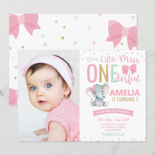Invitation Little Miss ONEderful 1st Birthday Elephant Photo
