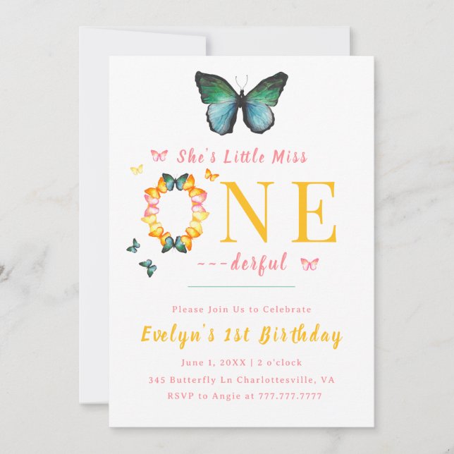 Invitation Little Miss Onederful Boho Butterfly 1er anniversa (Devant)