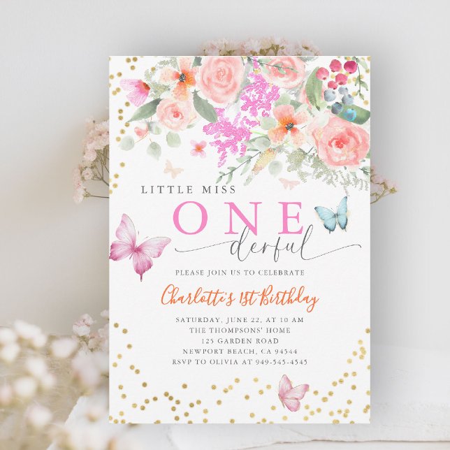 Invitation Little Miss Onederful Butterfly Girl 1er anniversa (little miss onederful girls 1st birthday invite happy garden wildflowers butterflies watercolor chic)