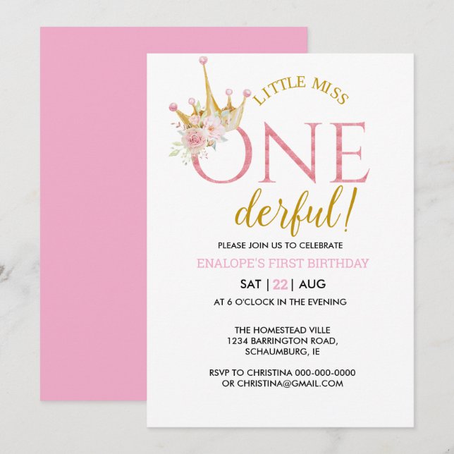 Invitation Little Miss Onederful Crown 1er anniversaire (Devant / Derrière)