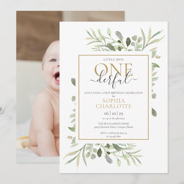 Invitation Little Miss ONEderful Elegant Photo Premier annive (Devant / Derrière)