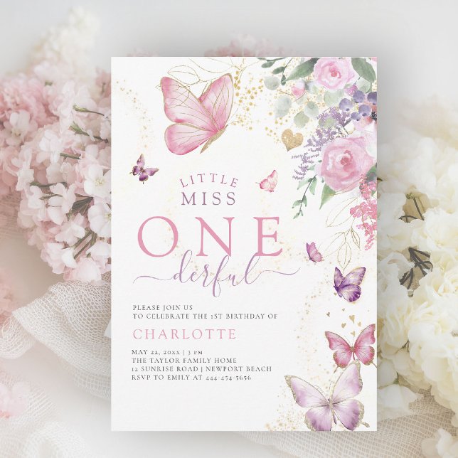 Invitation Little Miss Onederful Floral 1er anniversaire (little miss onederful girls 1st birthday invite pink garden roses floral  butterflies watercolor)