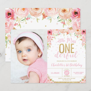 Invitation Little Miss Onederful Floral 1er Anniversaire Phot
