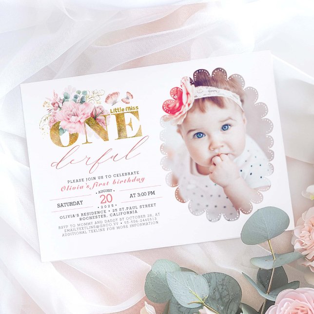 Invitation Little Miss ONEderful Gold 1st Birthday Photo (Little Mis One Derful 1st Birthday Photo Invitation)