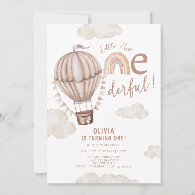 Invitation Little Miss ONEderful Hot Air Balloon 1er annivers (Devant)