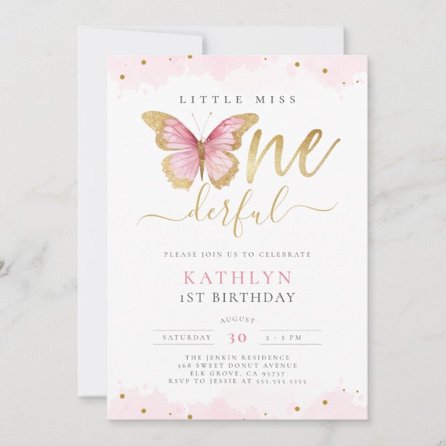 Invitation Little Miss Onederful Pink Gold Premier anniversai (Devant)
