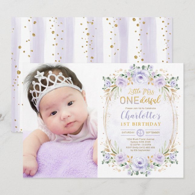 Invitation Little Miss ONEderful Purple Gold Floral Anniversa (Devant / Derrière)