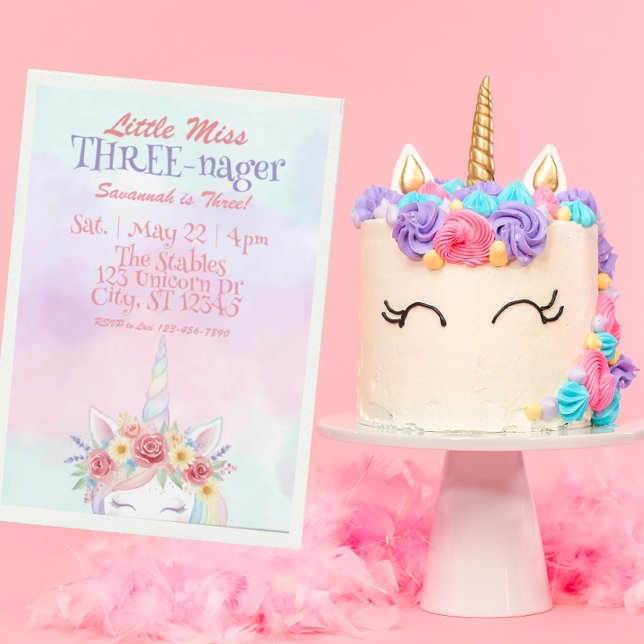 Invitation Little Miss Three-nager, Unicorn 3rd Birthday (Créateur téléchargé)