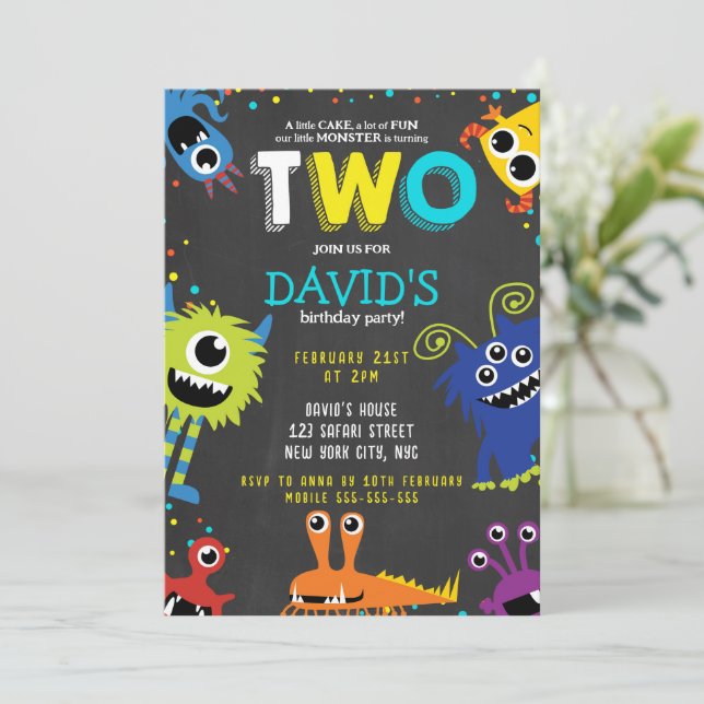 Invitation Little Monster Anniversaire Party Chalk 2e Anniver (Debout devant)