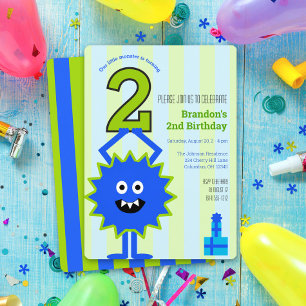 Invitation Little Monster Boy 2e Anniversaire Rayures Bleues