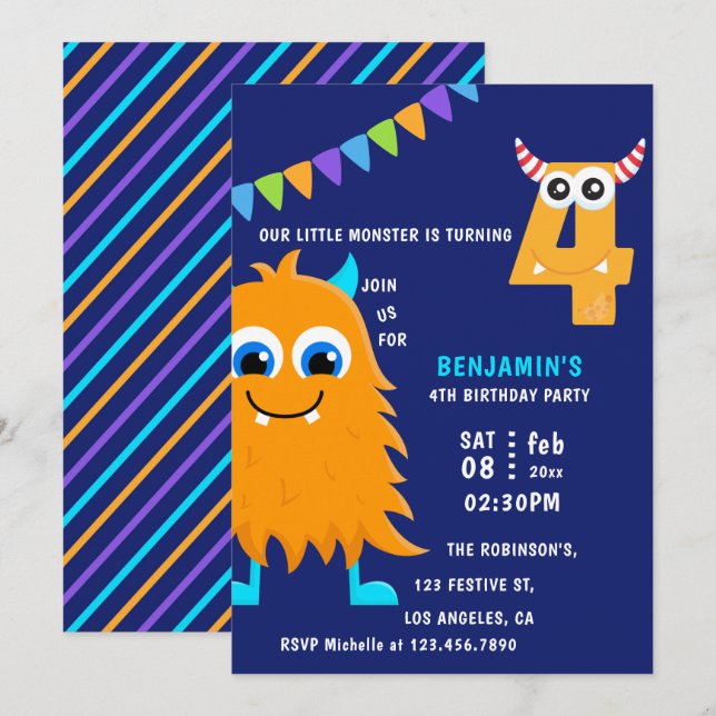 Invitation Little Monster Boy 4e fête d'anniversaire (Devant / Derrière)