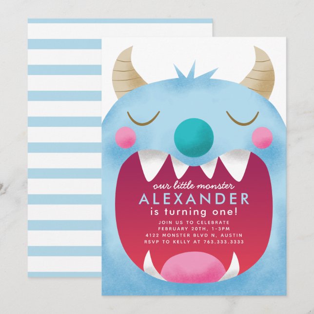 Invitation Little Monster Boys Anniversaire Party Blue (Devant / Derrière)