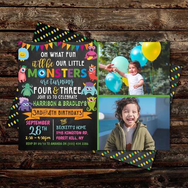 Invitation Little Monster Chalkboard 3e et 4e anniversaire co (Créateur téléchargé)