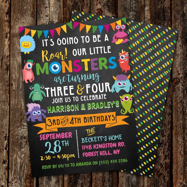 Invitation Little Monster Chalkboard 3e et 4e anniversaire co (Créateur téléchargé)