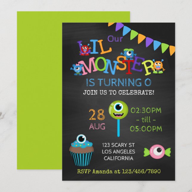 Invitation Little Monster n'importe quel âge Anniversaire Cha (Devant / Derrière)