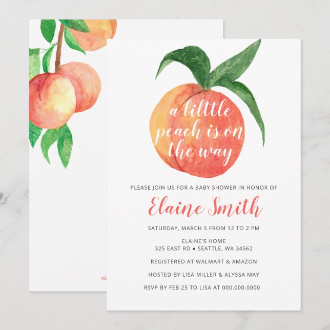 Invitation Little Peach est sur le chemin Baby shower Invitat (Devant / Derrière)