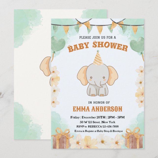 Invitation Little Peanut Dreams - Baby shower d'éléphants (Devant / Derrière)