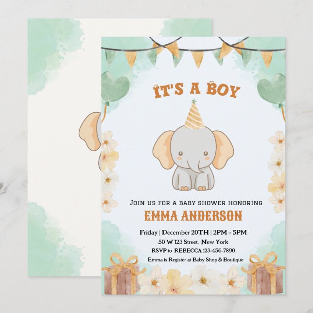 Invitation Little Peanut Dreams - Elephant Baby Boy Douche (Devant / Derrière)