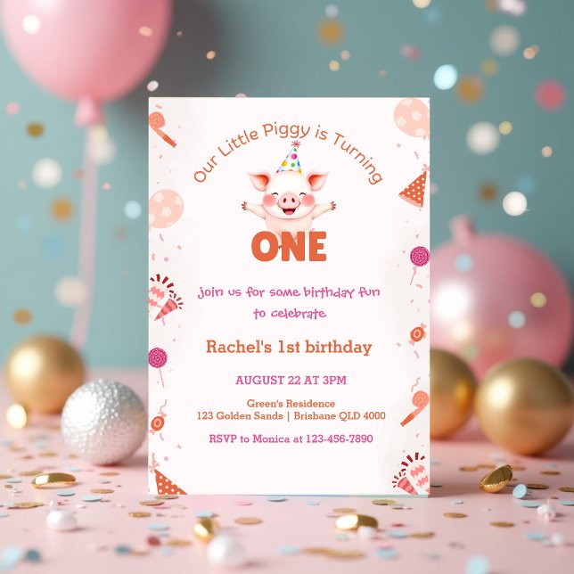 Invitation Little Piggy 1er anniversaire | Thème Farm Barnyar (Cute Little Piggy 1st Birthday _ Farm Barnyard Theme Invitation)