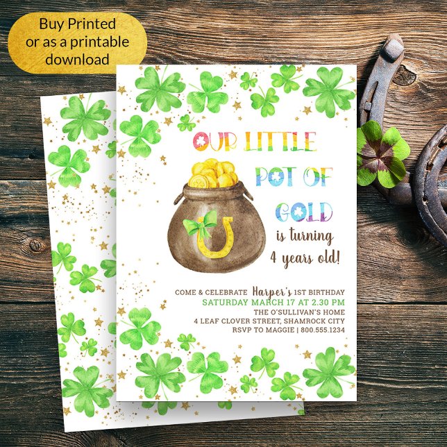 Invitation Little Pot of Gold Lucky Shamrock Anniversaire de  (Kids Whimsical St Patricks Themed Birthday Invitation)