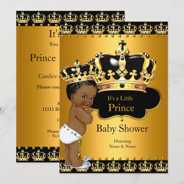 Invitation Little Prince Baby shower Boy Crown Gold Ethnic (Devant / Derrière)