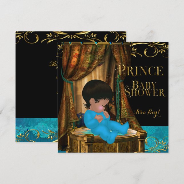 Invitation Little Prince Baby shower Boy Regal Turquoise Crow (Devant / Derrière)