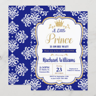Invitation Little Prince Baby shower Royal Blue Damask Boy