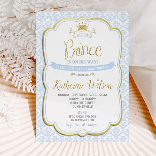Invitation Little Prince Boy Baby shower Blue Damask (Créateur téléchargé)
