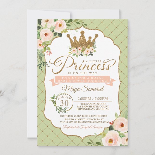 Invitation Little Princess Blush Mint Gold Baby shower Royal (Devant)