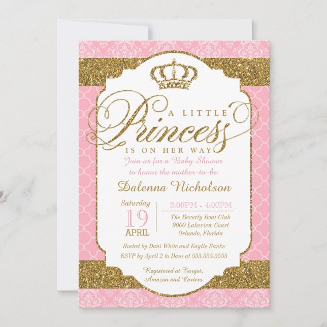 Invitation Little Princess Royal Pink and Gold Baby shower (Devant)