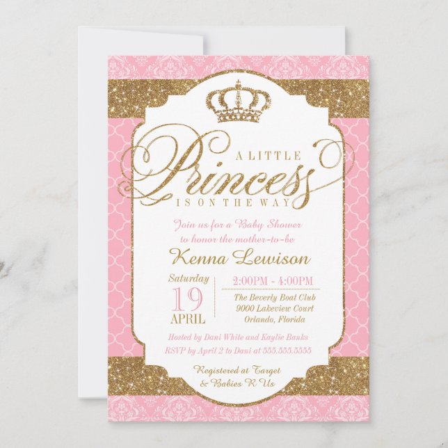 Invitation Little Princess Royal Pink and Gold Baby shower (Devant)