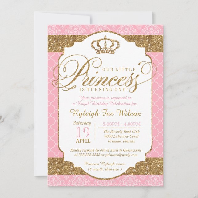 Invitation Little Princess Royal Pink Gold Anniversaire ou do (Devant)